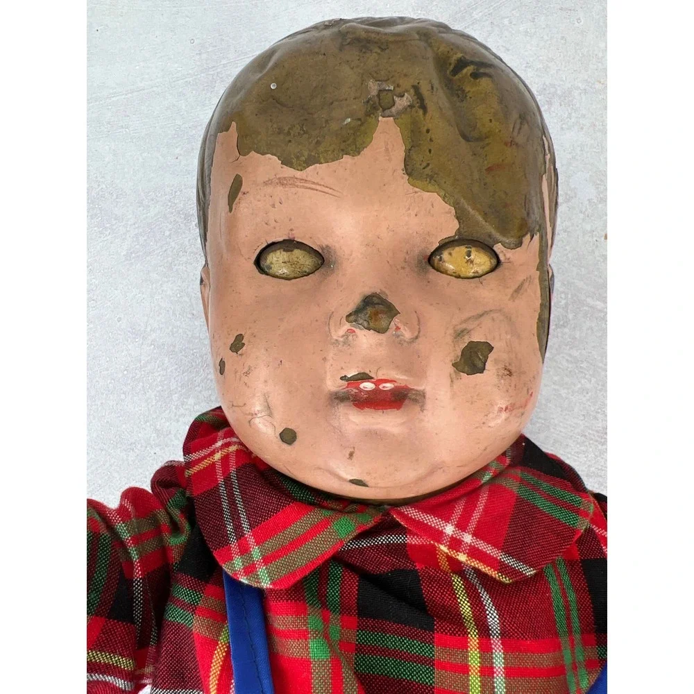 Metal Tin Vintage Antique Doll Creepy Large Eyes Move Cast Rare Boy‎ Guy